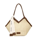 Große geflochtene Stroh-Shopper-Tasche mit braunem Lederbesatz und V-Öffnung - Kaffee & Khaki