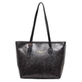 Retro grey oil wax leather tote bag with large capacity and adjustable shoulder strap - Black