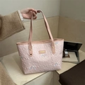 Pink quilted tote bag with embroidered bow and sequin details for casual commute - Pink