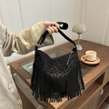 Sac à bandoulière noir imprimé léopard avec franges et détails de zip doré chic - Noir