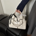 White patent leather crossbody bag with lace bows, silver chains and cross charm - White