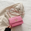 Elegant pink quilted small square bag with golden twist lock and chain strap - Pink
