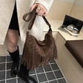 Sac à bandoulière vintage marron avec franges et détails imprimé léopard pour femme - Marron