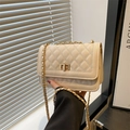 Elegant cream quilted chain shoulder bag with golden lock and diamond stitch pattern - Khaki
