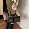 Borsa a mano bowling retrò marrone scuro con scritta dorata e doppie tasche frontali - Marrone
