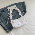 Borsa sottobraccio bianca con rose rosa, fiocchi e manico a nuvola arricciato - Bianco