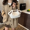 Bolso de mano retro blanco con asas marrón oscuro y hebilla dorada para mujer - Blanco Sin Colgante
