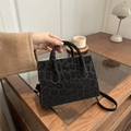 Fashionable leopard print crossbody tote bag for women in premium black suede finish - Black