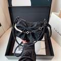 Elegant black crossbody bag with bow design and pearl chain strap in a gift box - Black