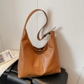 Minimalist brown PU leather tote bag with adjustable shoulder strap in Hobo style - Yellow Brown
