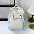 Zaino scolastico coreano minimalista in blu cielo e bianco crema con design color block - Blu & Beige