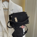 Retro black textured crossbody bag with gold twist lock and metallic studs detail - Black