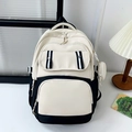 Zaino scolastico minimalista bianco e nero con tasche multiple e piccolo portamonete - Nero & Beige