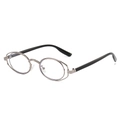 Futuristic silver double oval frame glasses with sleek black temples on a white background - Gunmetal Frame Black Tips