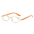 Futuristic golden oval metal glasses frames with distinctive orange temples on white background - Gold Frame Orange Tips