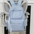 Hellblau-weißer karierter Freizeitrucksack mit gewebter Quaste und XINFEIDA-Label - Blau Ohne Anhänger