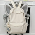 Minimalist cream white nylon backpack featuring a plush bear charm and embroidery detail - White (with Pendant)