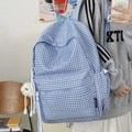 Vintage blue checkered backpack with large capacity and cute pompom keychain accessory - Blue With Long Leg Plush Charm
