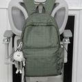 Green checkered canvas backpack with large capacity and white plush pendant - Green With Long Leg Plush Charm