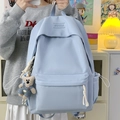 Light blue minimalist backpack with cute bear pendant and embroidery for students - Blue (with Pendant)