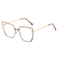 Occhiali anti luce blu cat-eye moderni con montatura in metallo dorato e dettagli marroni - Rosa