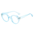Oval light blue transparent frame glasses with clear lenses and geometric cut details - Blue Frame White Lens