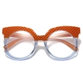 Occhiali cat-eye in arancione brillante a contrasto con montatura trasparente - Montatura Arancione Blu Lente Bianca