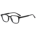 Classic black square full-rim glasses frame with clear lenses shown at a 45-degree angle - Glossy Black Frame / Clear Lenses