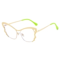 Butterfly shaped golden metal frame glasses with neon green temple tips for women - Golden Yellow Frame White Lens