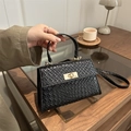 Mini-Handtasche in Schwarz mit Krokodilprägung und goldenem Verschluss auf Holztisch - Schwarz