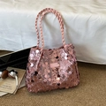 Borsa tote rosa con paillettes grandi, manici a corda ed etichetta moda in interno - Rosa