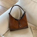 Vintage braune Shopper-Tasche aus Mattleder mit weißen Kontrastnähten und Metallring - Braun