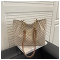 Close-up of beige tote bag with M-pattern print, gold logo, and chain shoulder strap - Off White