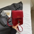 Chic red small crossbody phone bag with gold Fashion lettering and round metal pendant - Burgundy