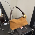 Vintage suede baguette bag with leather stitching and large golden metal ring buckle - Brown