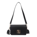 Fashionable black square flap shoulder bag with gold geometric lock and textured wide strap - Black