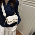 Chic beige crossbody square bag with gold F-buckle and textured wide fabric strap - White