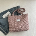 Brown and white plaid quilted tote bag with heart patterns on a cozy bed - Red (No Pendant)