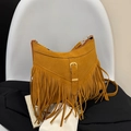 Ginger yellow suede tassel tote bag with golden buckle and bohemian fringe style - Brown