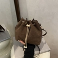 Vintage dark brown frosted bucket bag with pearl drawstring and golden chain strap - Brown