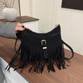 Fashionable black fringe tote bag with gold metal buckle and suede texture finish - Black