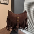 Dark brown suede tote bag with long fringes and golden buckle in bohemian style - Brown