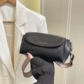 Black pebbled leather crossbody bag with wide patterned strap and gold fashion lettering - Black (No Pendant)