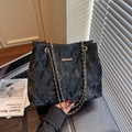 Classic black velvet quilted tote bag with golden chain strap and logo detailing - Black