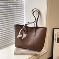 Deep brown faux leather tote bag with bear pattern silk scarf on an aesthetic windowsill - With Pendant / Brown
