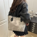 Chic grey marble texture tote bag with black leather straps and gold trim detail - Grey (Without Pendant)