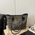 Dark gray large tote bag with retro texture and slim black leather shoulder straps - Black (Without Charm)