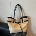 Minimalist beige suede tote bag with black leather straps and decorative buckle - Khaki
