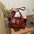 Glossy burgundy patent leather tote bag with silver buckle and dual handles for women - Red