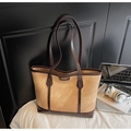 Detail of Luonimosha tote bag with brown leather trim and khaki suede finish textures - Dark Khaki
